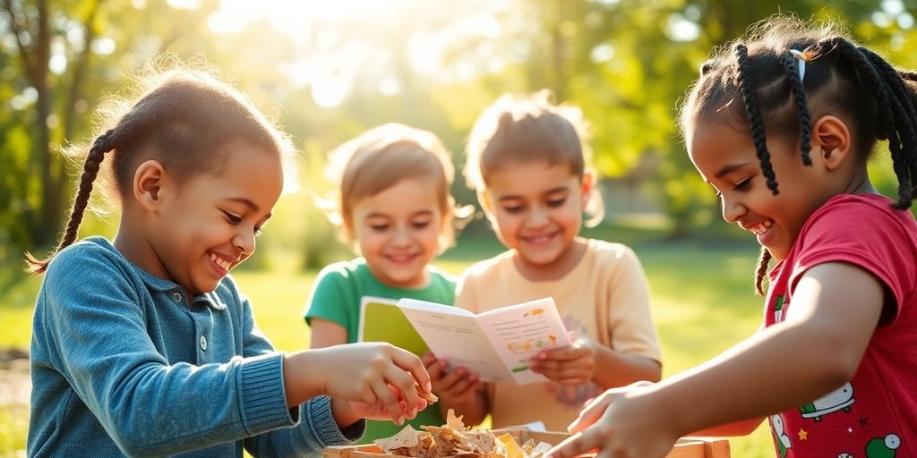 Children learning outdoors with educational materials.