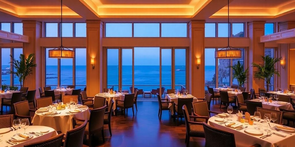 Elegant dining setup with ocean views at Waldorf Astoria.