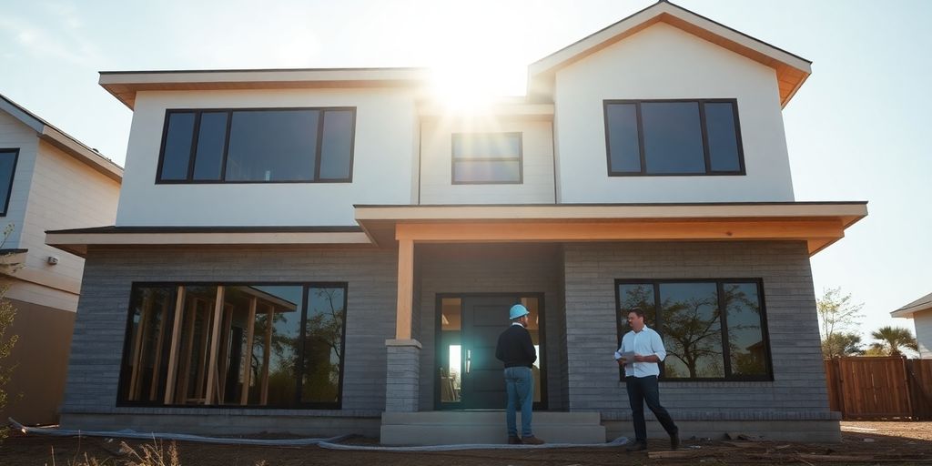 Modern home exterior with construction crew.