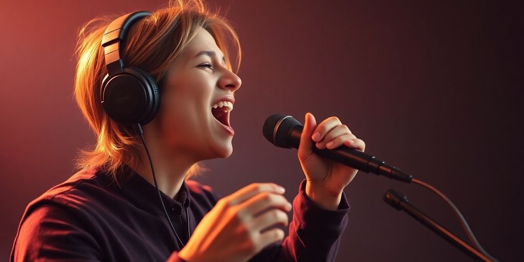 Person practicing singing with headphones and a microphone- Voice Training Online