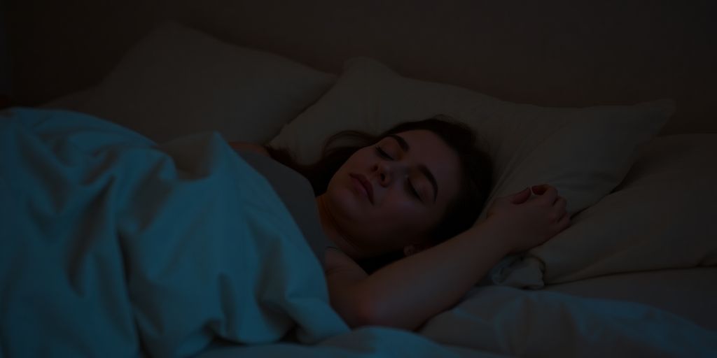 Person peacefully sleeping in a dimly lit bedroom.