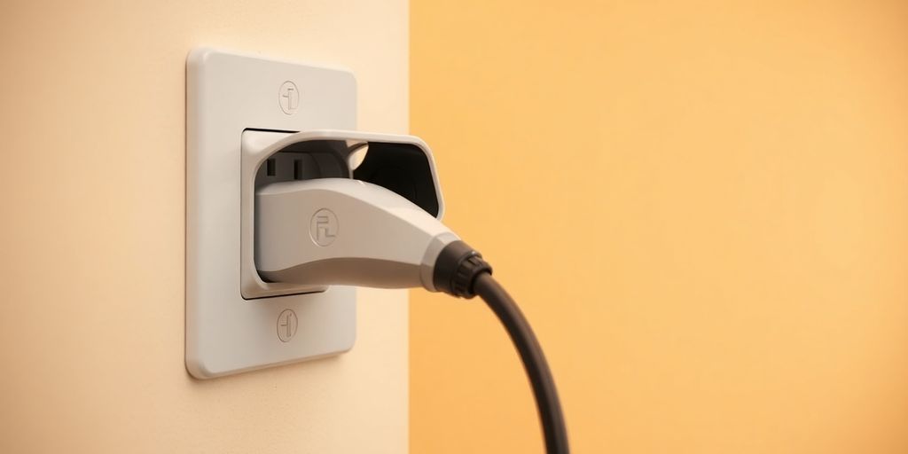 EV charging cable plugged into home wall outlet.