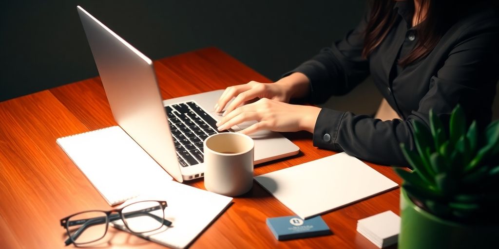 Professional workspace with laptop, smartphone, glasses, coffee, and succulent plant.