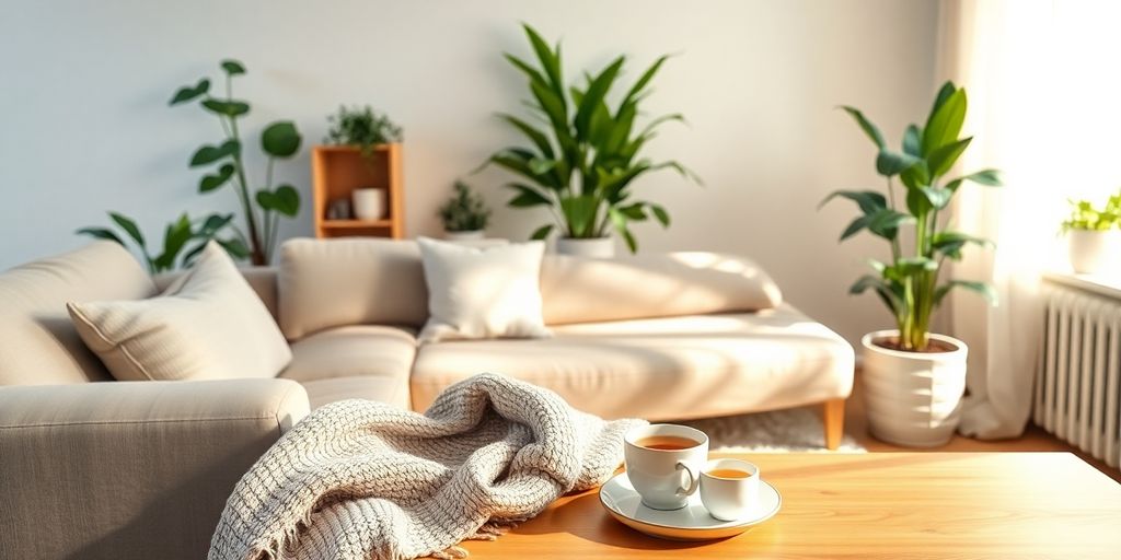 Cozy living room with plants and soft lighting.