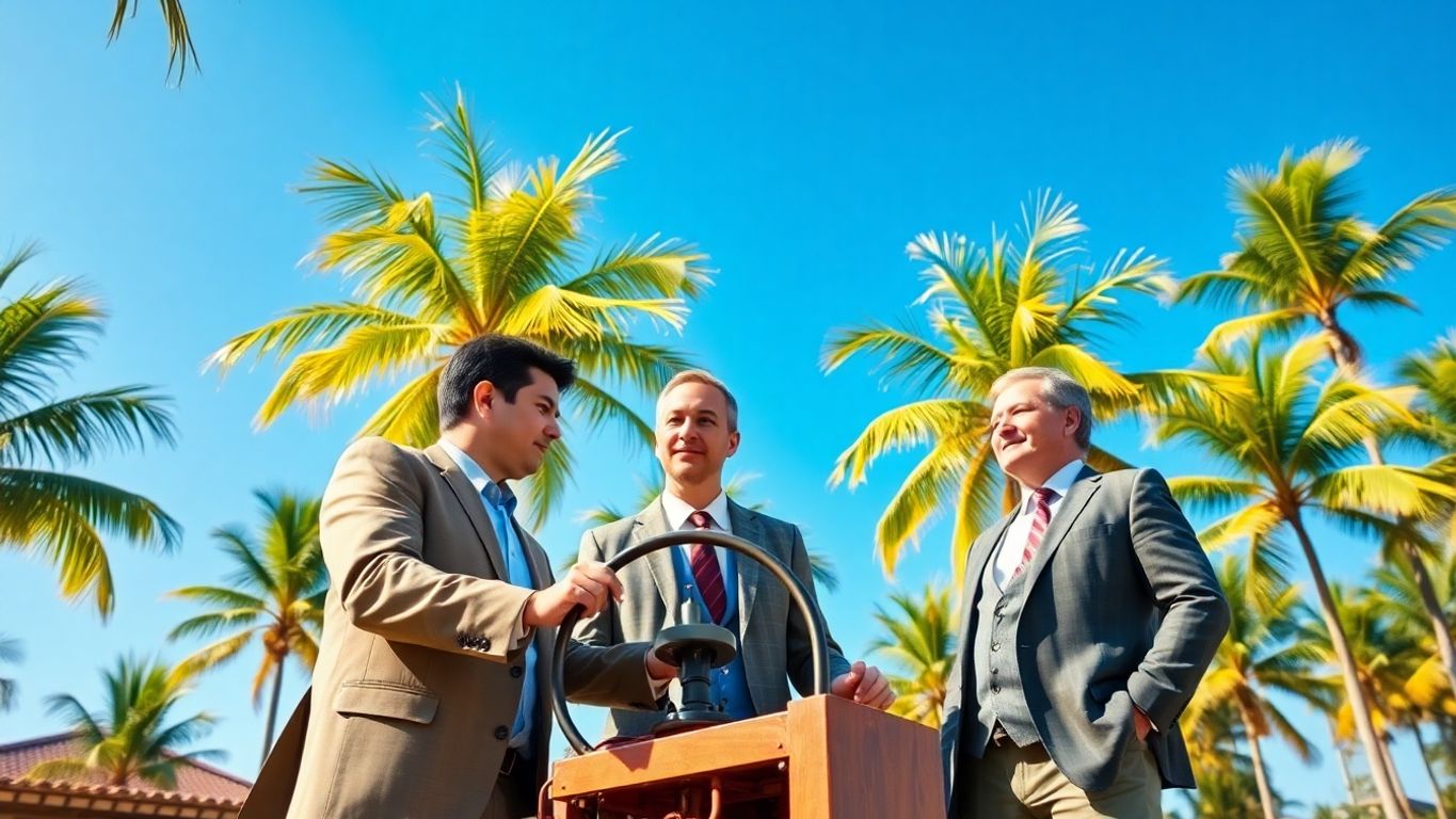 Two people, one operating, one consulting, under palm trees.