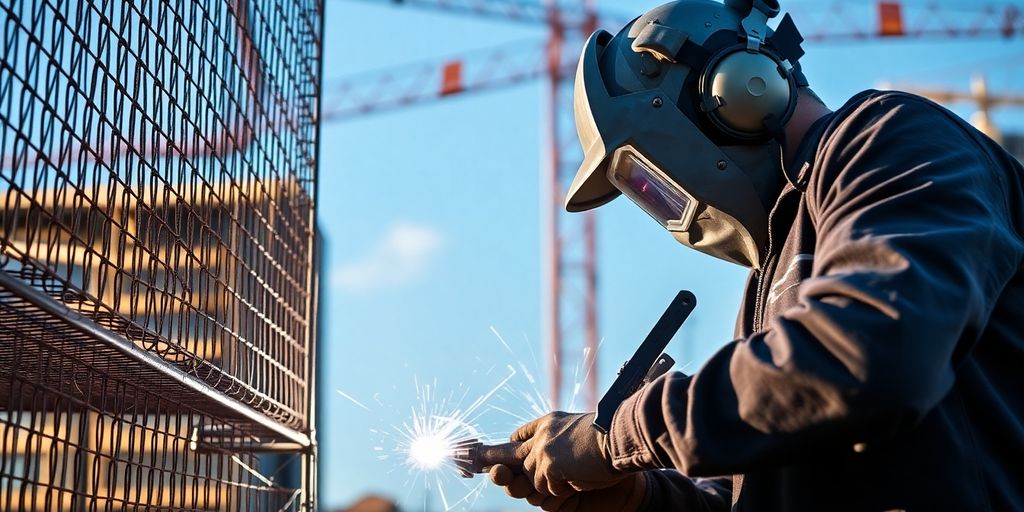 Welder fusing metal mesh at a construction site.