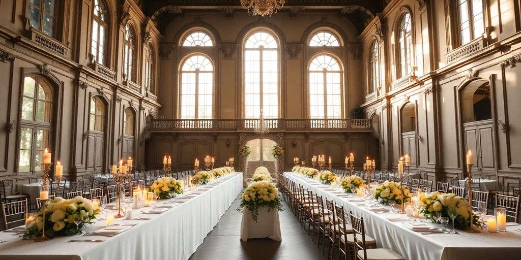 Елегантний весільний декор у великому залі французького замку.