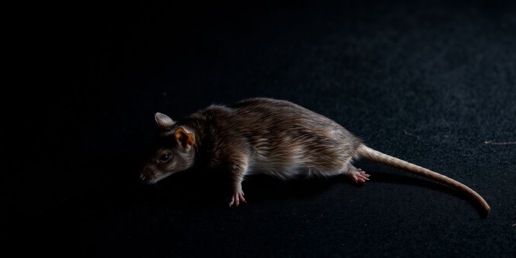 Un rat mort sur une surface sombre et texturée.