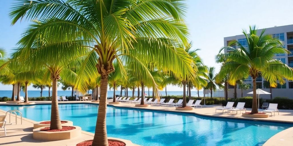 Couple relaxing by a resort pool with palm trees.