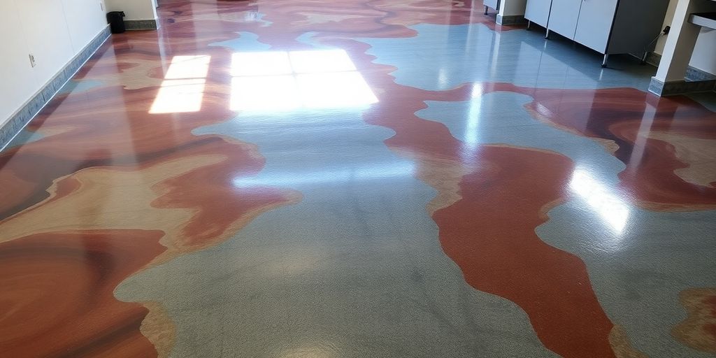 Glossy epoxy flooring in a modern, clean garage space.
