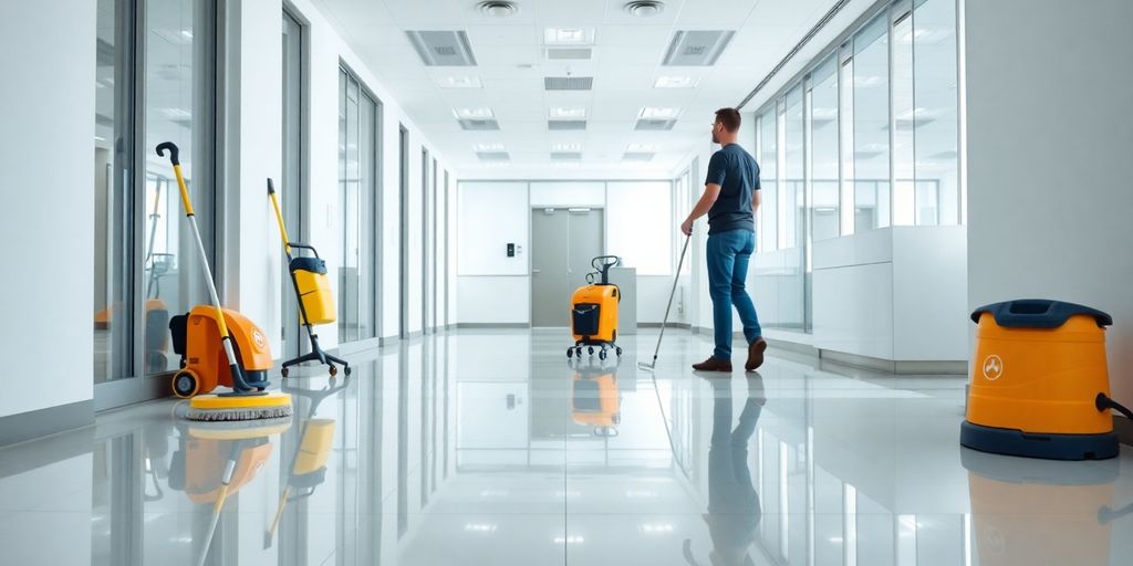 Sparkling clean office with gleaming floors and polished surfaces.