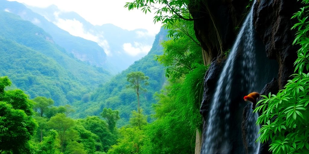 Lush green mountains, misty waterfalls, unique monkey.
