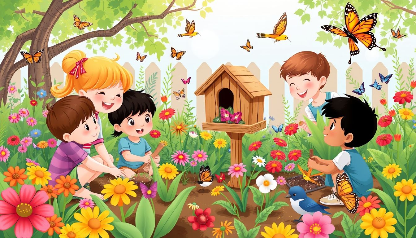 Kids gardening with flowers and birdhouse
