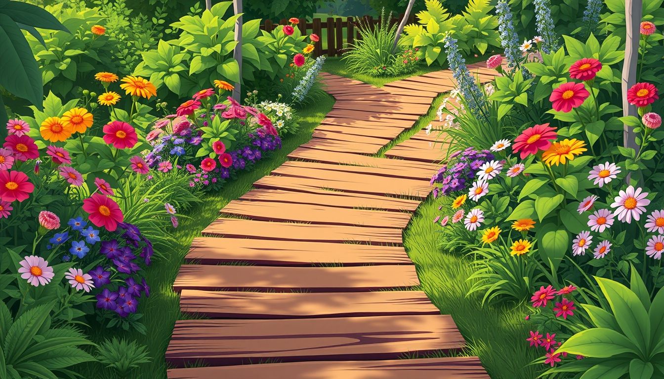 Charming wooden garden path in lush garden