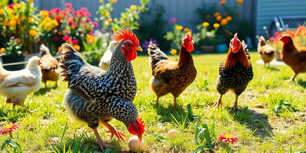 Chickens pecking on grass in a sunny backyard.