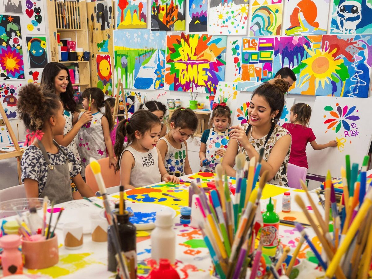 Atelier de artă cu copii creativi și materiale colorate.