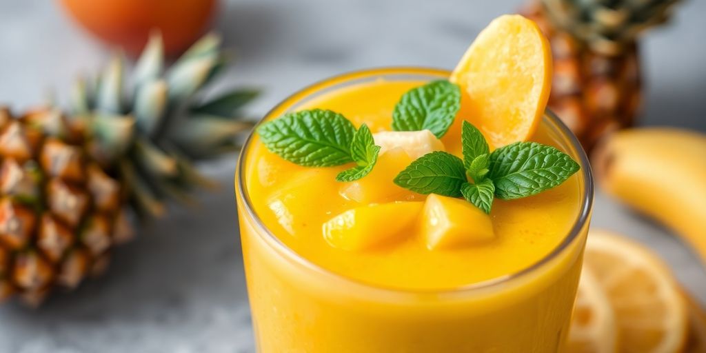 Smoothie amarelo com frutas tropicais frescas.