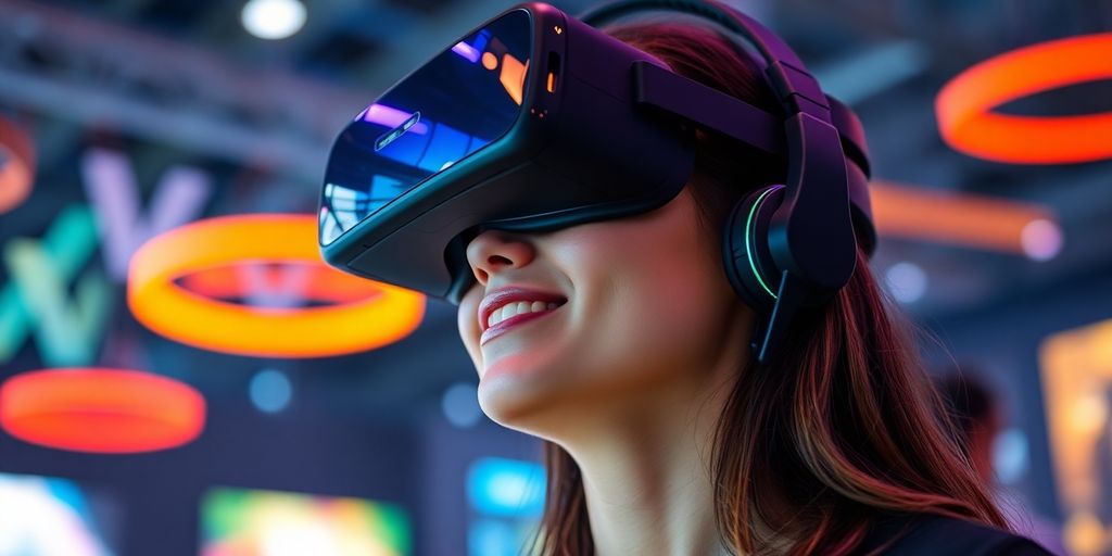 Person wearing a modern virtual reality headset in action.