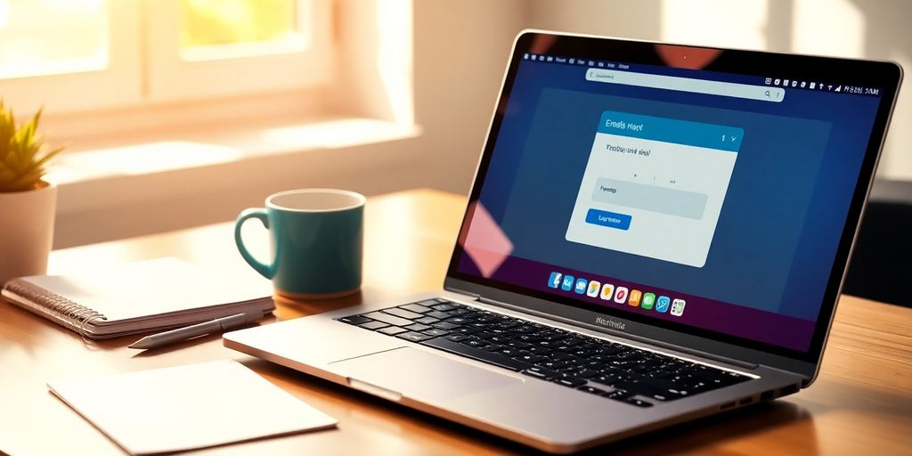 A laptop on a desk with a coffee cup.