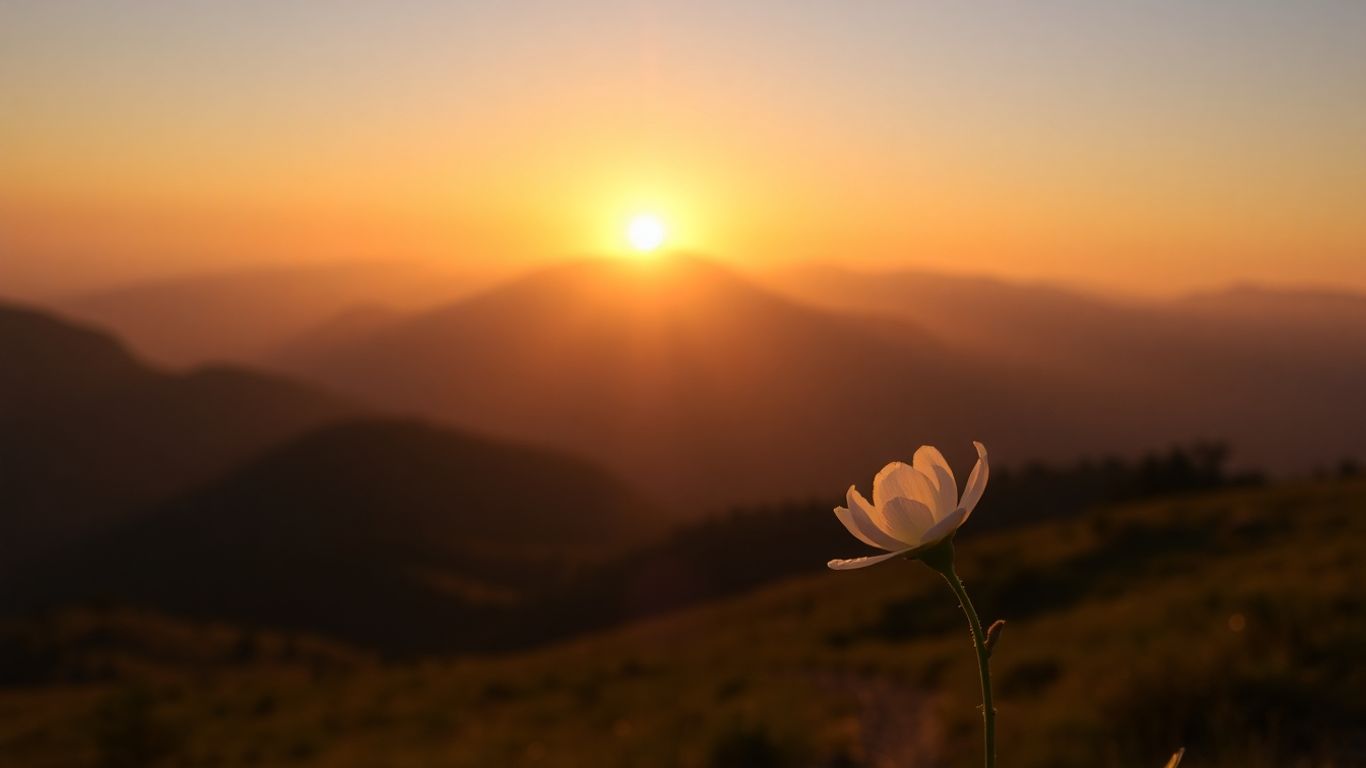 Sunrise over mountains with a flower in the foreground.