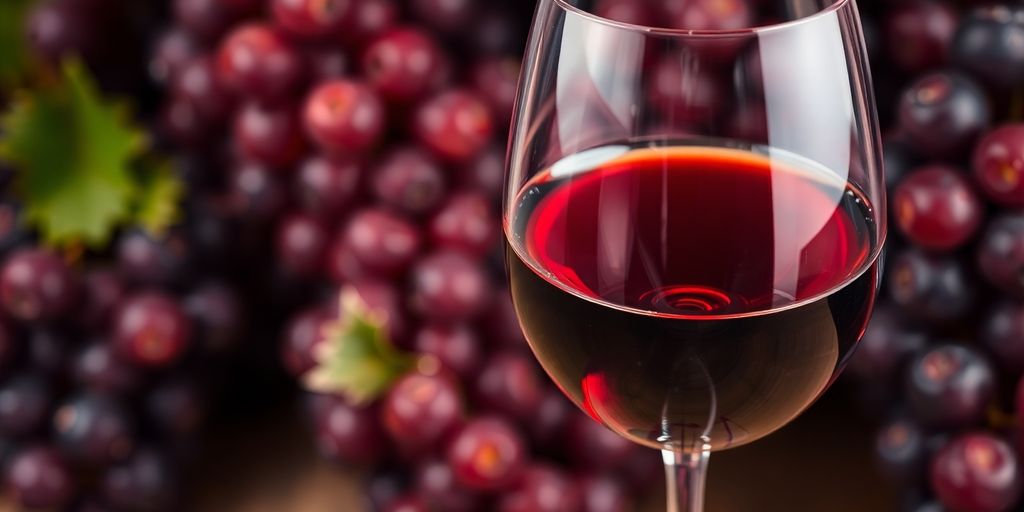 Red wine glass with heart-shaped grapes in background.