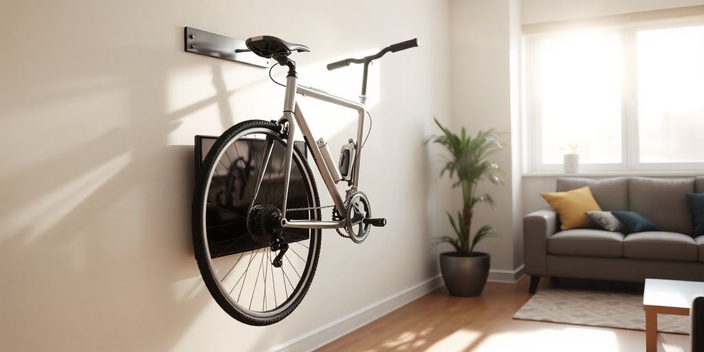 Bike stored vertically on apartment wall