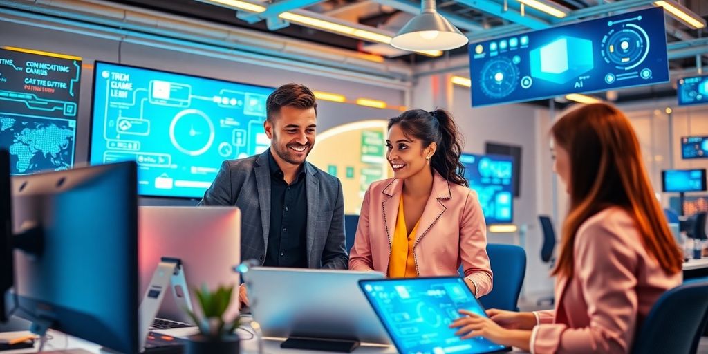 Futuristic workspace with advanced AI communication technology.