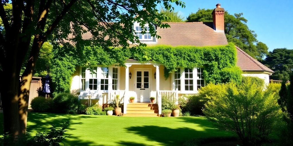 Beautiful UK second home with garden and blue sky.