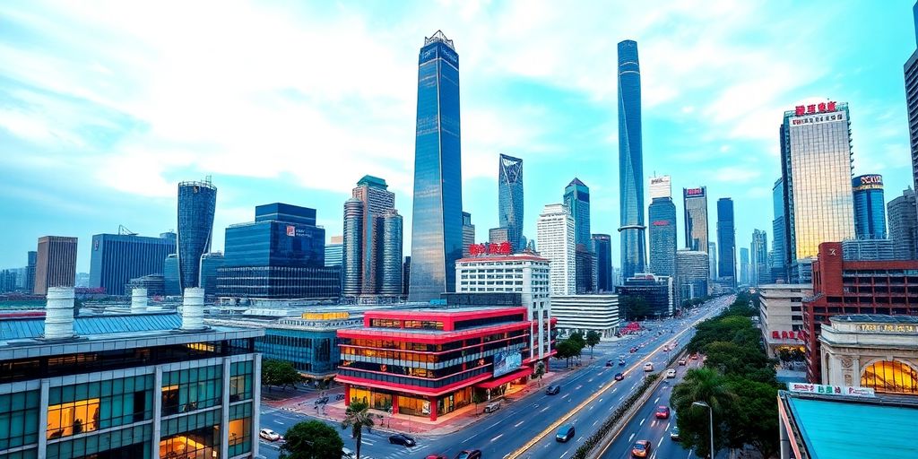 Shanghai skyline with modern office buildings and lively streets.