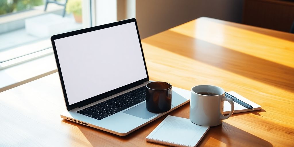 Laptop, notebook, and coffee on a desk.