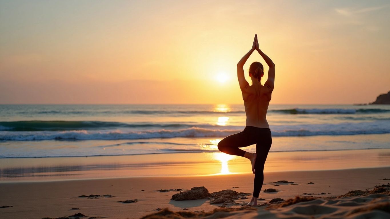 Person doing yoga on a beach at sunrise.