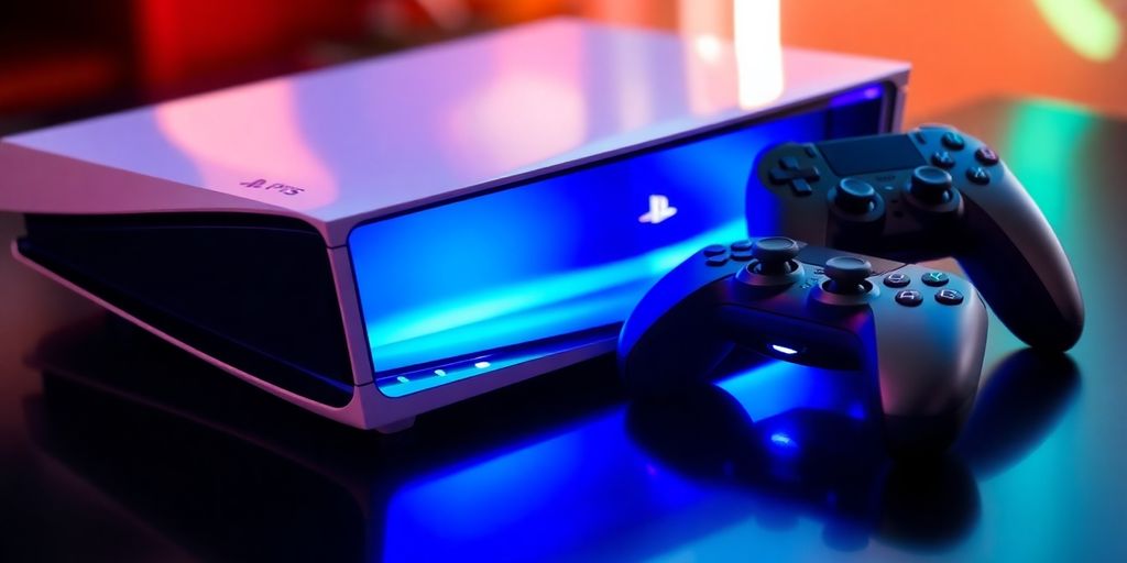 Manette Playstation futuriste, logo PS6 lumineux