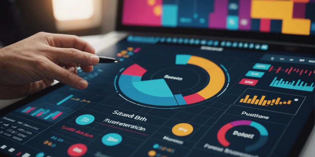 Digital marketing strategy presentation with colorful charts and graphics.
