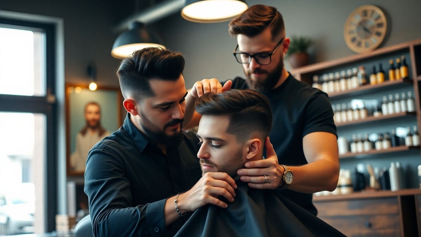 Barber skillfully cutting a client's hair in a modern shop.