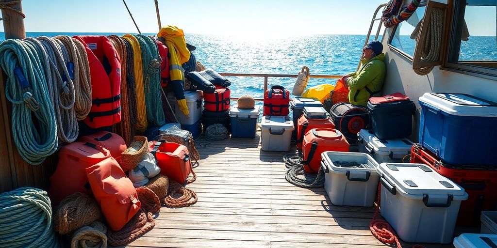 Colorful marine supplies on a dock by the ocean.