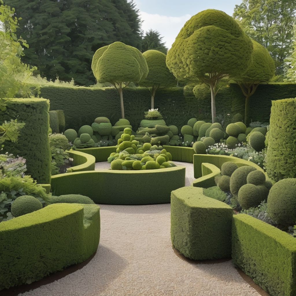 garden with sculpted hedges and topiary tools