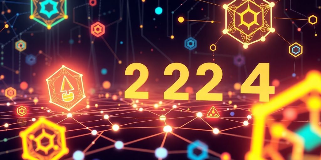 Colorful digital assets and blockchain motifs in 2024.
