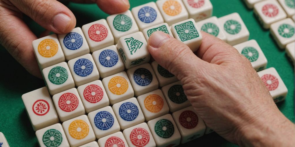 Hand using viewfinder on Mahjong tiles.