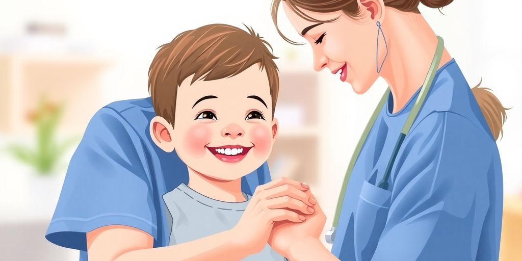 Pediatric medical assistant with smiling child.