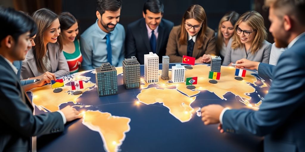 Executive walking with briefcase across globe