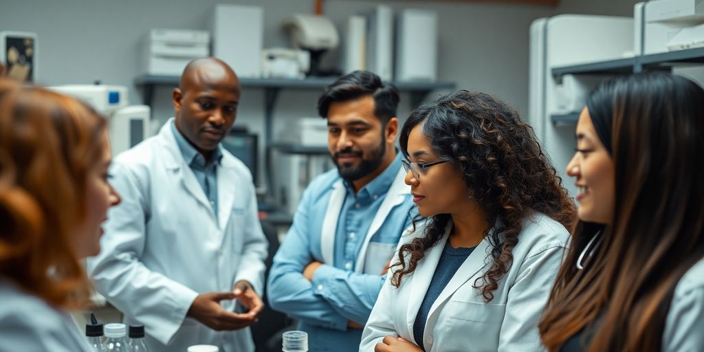 Diverse researchers collaborating in a laboratory setting.