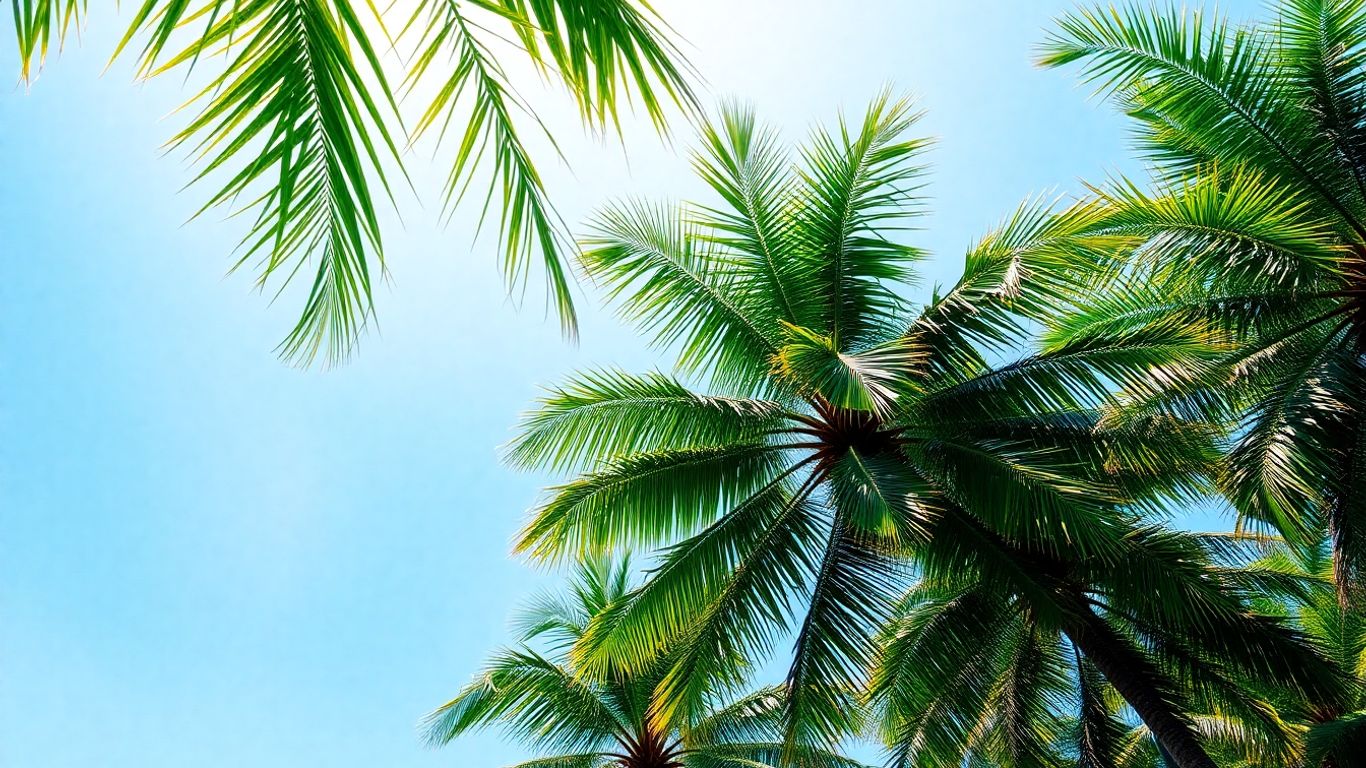 Realistic palm trees under a bright sky.