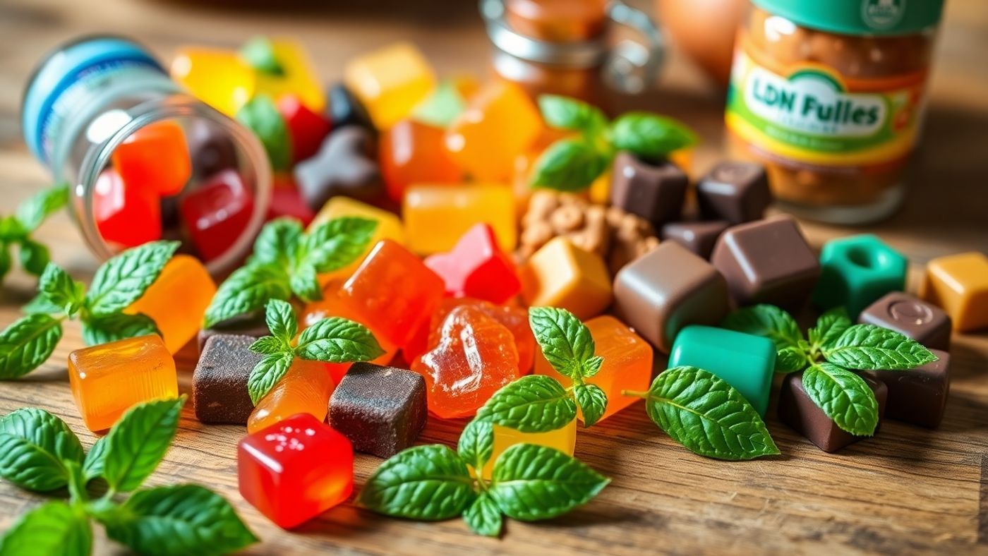 Colorful CBD edibles with fresh herbs on a table.