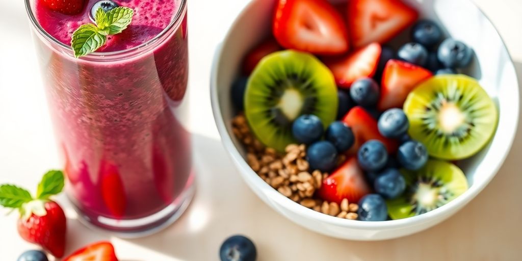 Refreshing smoothie, fresh fruit, vibrant breakfast bowl.