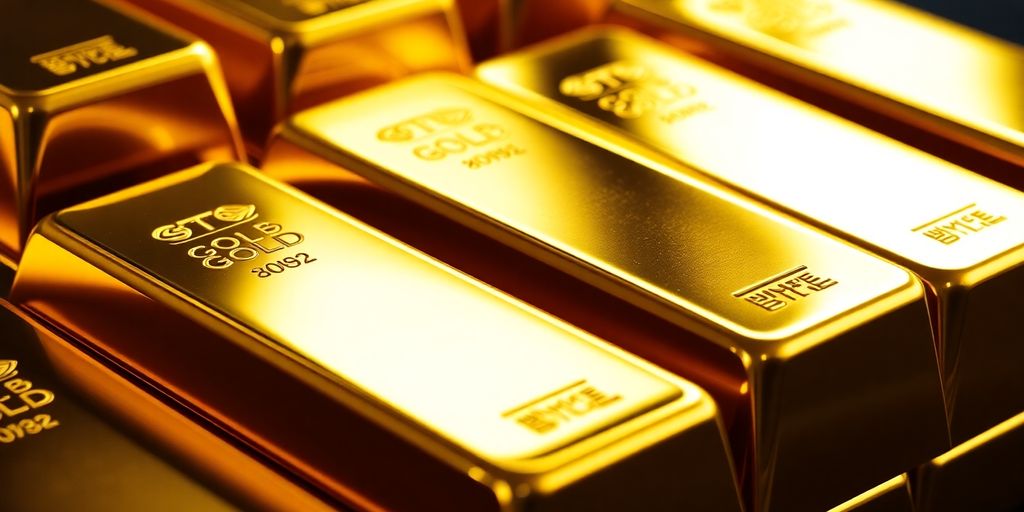 Barres d'or brillantes empilées sur fond sombre.