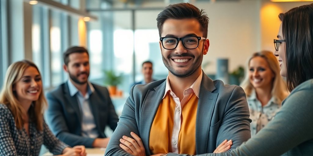 A confident person leading a team in an office setting.