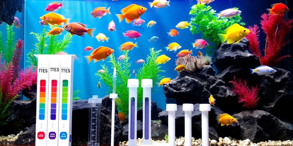 Acuario colorido con peces y kits de prueba de calidad del agua.