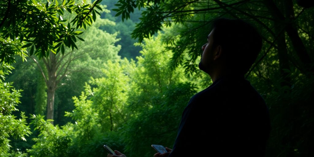 A serene landscape with a figure engrossed in a podcast.