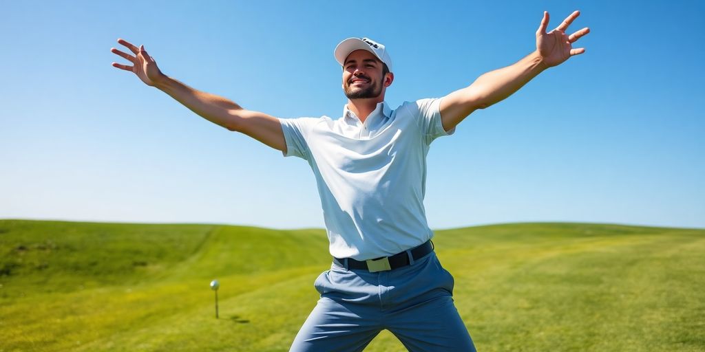 Golfer stretching, golf course in background.