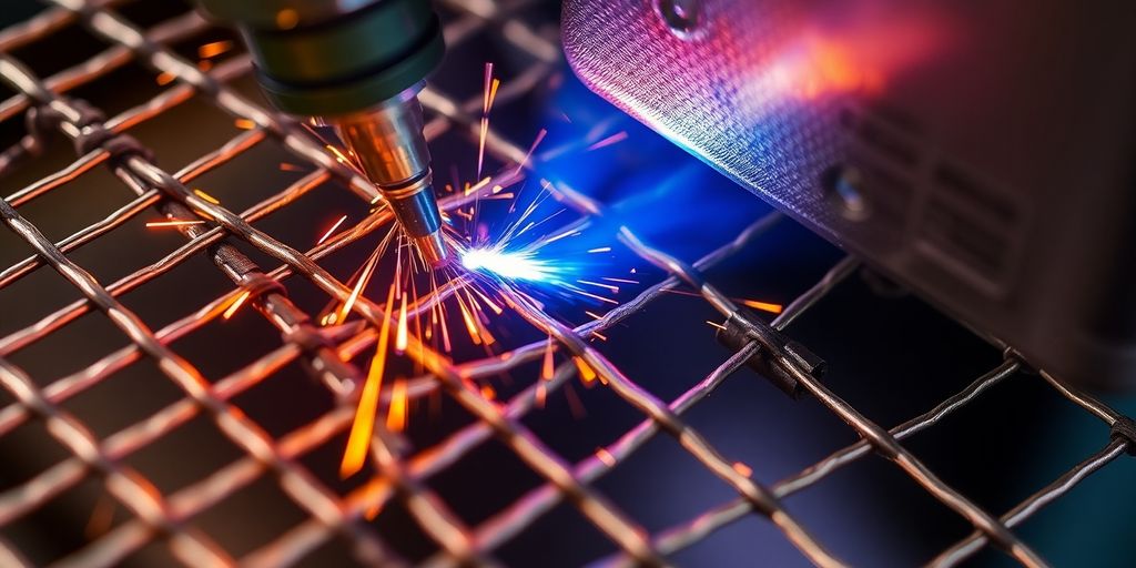 Close-up of spot welding on woven wire mesh.